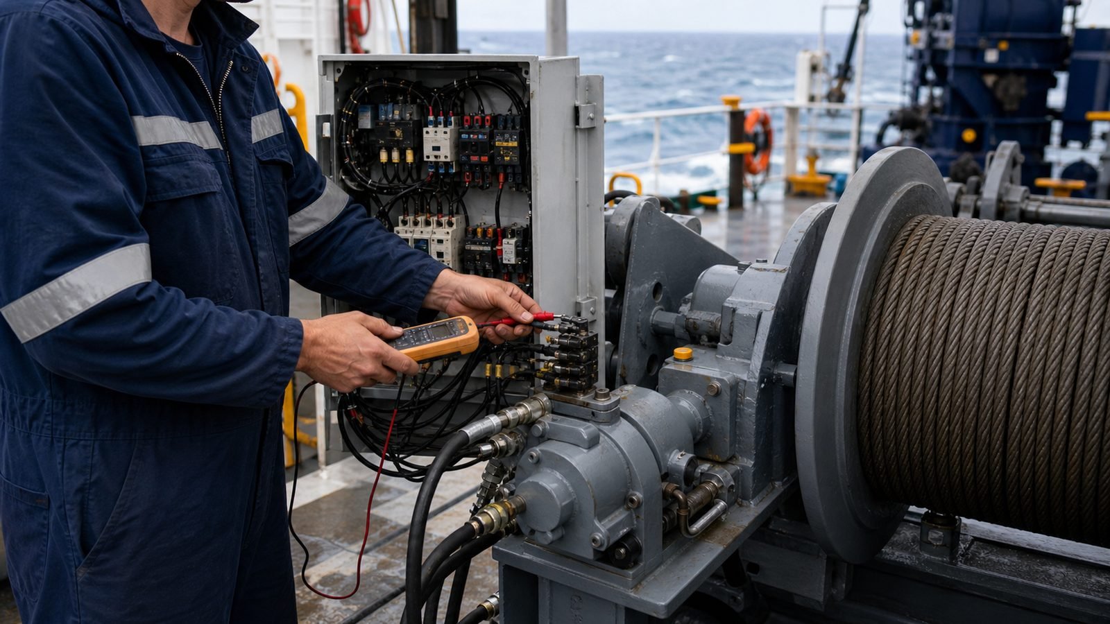 Hydraulic winch electrical repairs on a commercial vessel in Perth