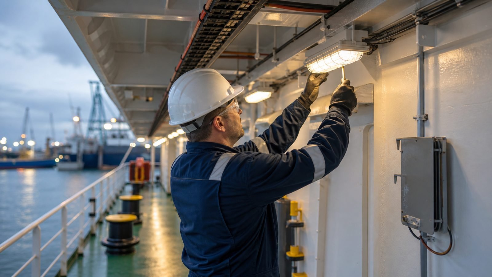 Marine power and lighting installation by a marine electrician on a commercial vessel deck in Perth